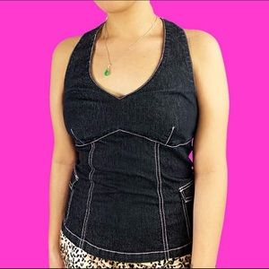 DARK DENIM HALTER TOP PINK CONTRAST STITCHING